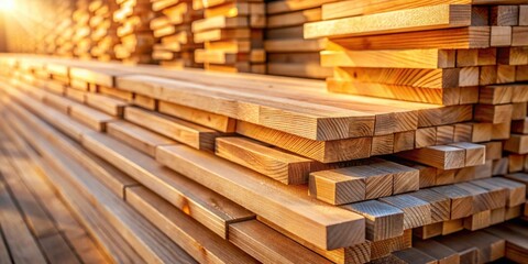 Aufkleber - Golden Hour Lumber Stack  Neatly arranged planks of lumber bathed in warm sunlight, showcasing the natural grain and texture of the wood.