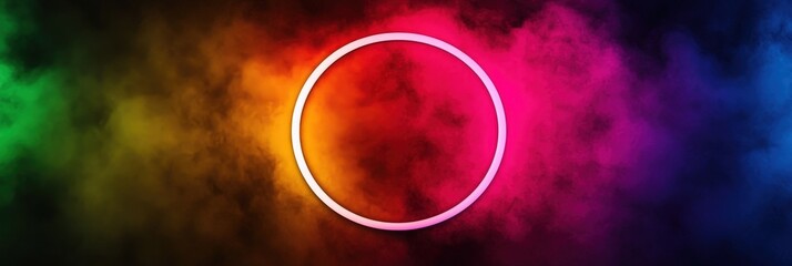 Wall Mural - Neon circle with colorful smoke background for creative projects, banners, or posters