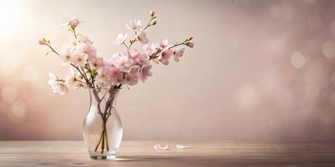 Aufkleber - Delicate pink blossoms arranged in a clear glass vase on a wooden surface against a soft, blurred background, creating a tranquil spring scene.