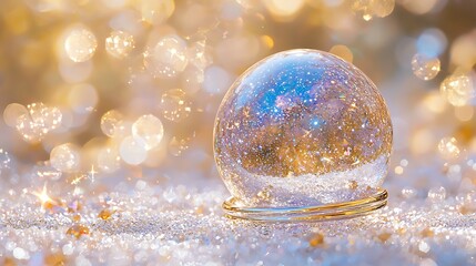 Poster - Sparkling snow globe, glittering bokeh background, winter scene, festive holiday card