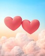 © kazitafahnizeer - Romantic Twin Hearts Eternal Love Symbolism Two pink hearts floating in a serene sky above fluffy clouds.