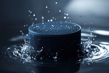 Wall Mural - navy blue circular speaker is placed on the table, with water droplets splashing around it and ripples forming in front of it.