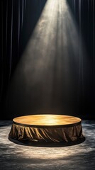 Wall Mural - circular podium on the stage, illuminated by a spotlight from above, surrounded in darkness. The platform is made of solid wood and has an elegant golden finish