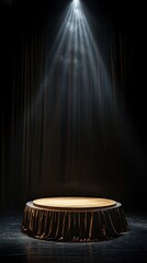 Wall Mural - circular podium on the stage, illuminated by a spotlight from above, surrounded in darkness. The platform is made of solid wood and has an elegant golden finish