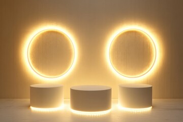 Wall Mural - Three white pedestals with circular light halos on the background, in a minimalist style