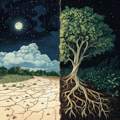 Wall Mural - A split scene showing the left side with dry, barren land and right half greenery under dark sky, representing environmental change.