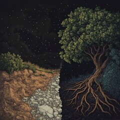 Wall Mural - A split scene showing the left side with dry, barren land and right half greenery under dark sky, representing environmental change.