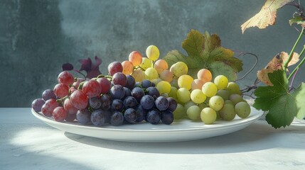 Wall Mural - Colorful grapes on plate, autumn leaves background, still life, food photography