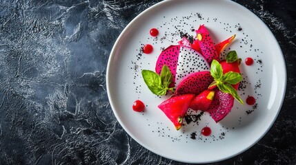 Wall Mural - Dragon fruit salad, gourmet dessert, dark background, restaurant food photography