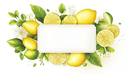 Wall Mural - Citrus fruits banner, floral background, blank space