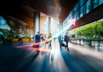 Aufkleber - Hong Kong commercial district scene. Business people move in a modern building. Upward arrow symbolizes growth and success in a fast-paced environment.