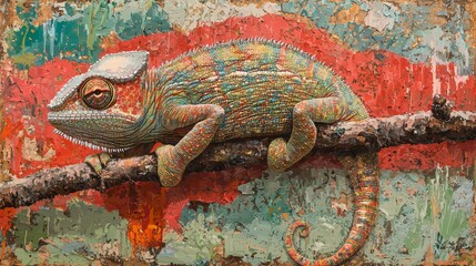 Wall Mural - Colorful chameleon resting on a branch against an abstract textured background