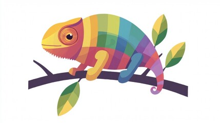 Wall Mural - Colorful chameleon perched on a branch surrounded by leaves in a vibrant and playful design