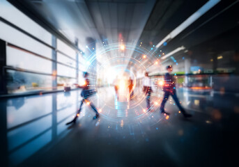 Poster - Busy commercial hub in Hong Kong. People moving in a modern business space with digital light effects, representing connectivity and future growth.