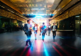 Poster - Blurred figures move through a contemporary commercial area in Hong Kong, conveying a sense of bustling business and urban energy with light trails.