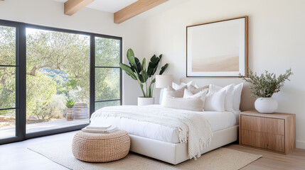 Wall Mural - serene bedroom with soft neutral palette, natural wood accents, and greenery