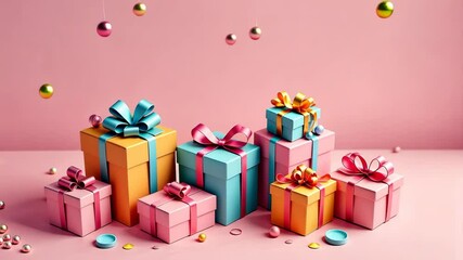 Aufkleber - A stack of colorful boxes with pink bows on them. The boxes are of different sizes and colors