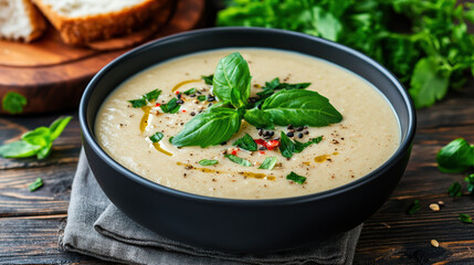 Canvas Print - Creamy vegan soup garnished with fresh herbs and spices, served in bowl