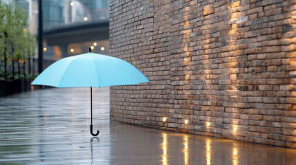 Wall Mural - blue umbrella stands alone on wet pavement beside stone wall