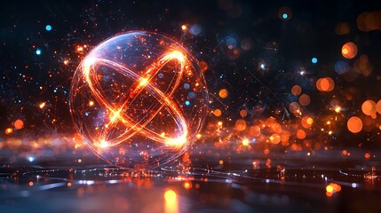 Poster - Fiery energy sphere glows, swirling sparks, dark background, digital art, tech concept