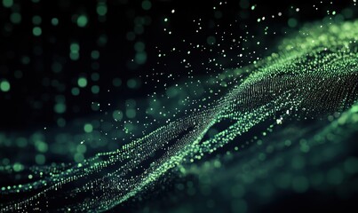 Poster - abstract green particles flowing in wave-like patterns against dark background