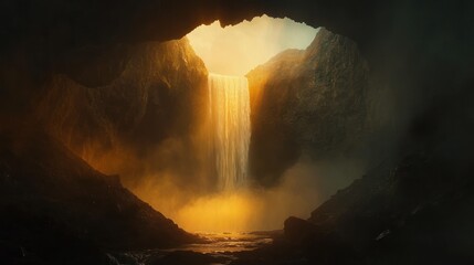 Wall Mural - Cave Waterfall Sunset Dramatic Iceland Nature