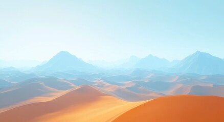 Poster - panoramic view of the desert dunes, with undulating sand that glows under the sunlight, creating an atmosphere reminiscent of oriental paintings.