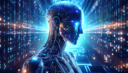 cyber ai robot with binary code