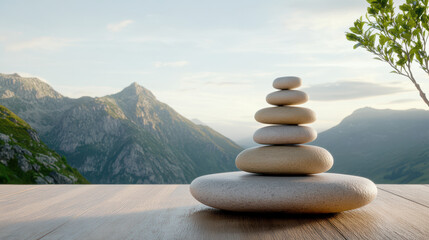 Wall Mural - Balanced stones in serene mountain retreat with peaceful view