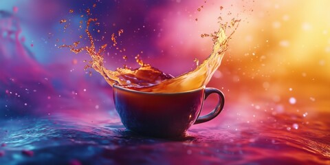 Poster - Splashing liquid in cup creating vibrant colors and dynamic motion effects