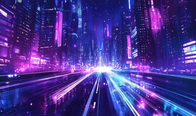 Poster - Futuristic neon cityscape with vibrant lights and dynamic motion effects