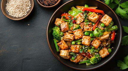 Canvas Print - Vibrant vegan stir fry with tofu, fresh vegetables, and sesame seeds