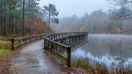 Canvas Print - Foggy autumn lake boardwalk trail walk