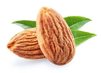 Wall Mural - Almond nuts and almond leaves isolated on white background. File contains clipping path.