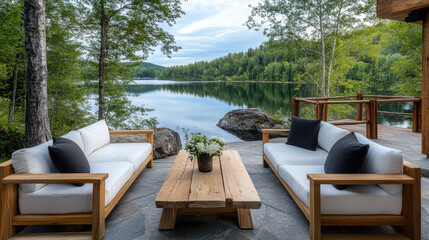 Wall Mural - serene rustic patio with wooden furniture overlooking tranquil lake