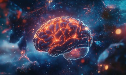Poster - futuristic digital brain illustration with glowing neural connections in cosmic background