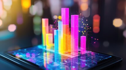 Poster - A D bar chart in vibrant colors emerging from a tablet screen, symbolizing modern data analytics and interactive technology in business.