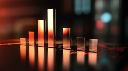 Fototapete - A D bar chart with metallic bars increasing steadily, set against a dark background, illustrating financial growth and economic trends.