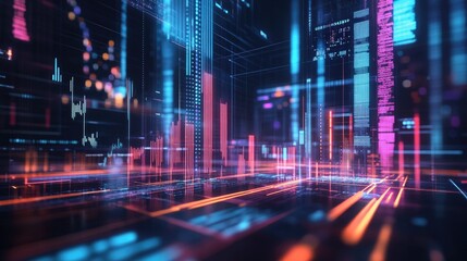 Poster - A D bar graph with glowing bars on a futuristic digital interface, surrounded by holographic data points, representing advanced analytics and tech innovation.
