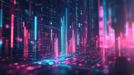 Poster - A D bar graph with glowing bars on a futuristic digital interface, surrounded by holographic data points, representing advanced analytics and tech innovation.