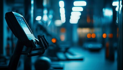 Wall Mural - Blurred background of Empty gym, focus on equipment and interior design