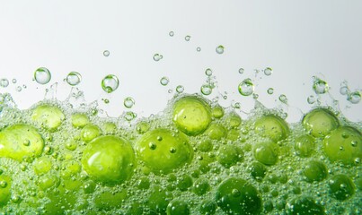 Poster - Green bubbles and foam creating a vibrant abstract background with water droplets