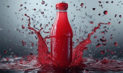 Poster - Red beverage bottle splashing in water with droplets and vibrant colors