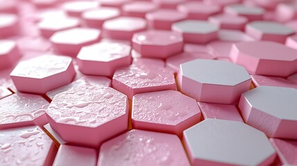 Poster - Pink hexagon pattern, water droplets, close-up, blurred background, design texture