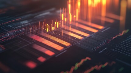 Poster - A digital D bar graph displayed above a financial report, with light reflections and shadows enhancing the visual impact, representing effective communication of data.