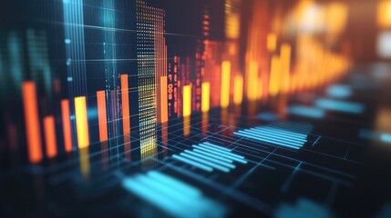Poster - A digital D bar graph displayed above a financial report, with light reflections and shadows enhancing the visual impact, representing effective communication of data.