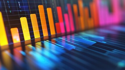 Poster - A dynamic D bar graph displayed on a digital screen, showcasing vibrant colors and varying heights, illustrating impressive business growth trends in a corporate environment.