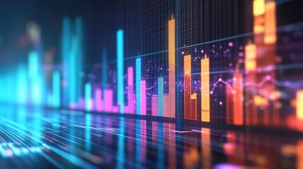 Poster - A dynamic D bar graph displayed on a digital screen, showcasing vibrant colors and varying heights, illustrating impressive business growth trends in a corporate environment.
