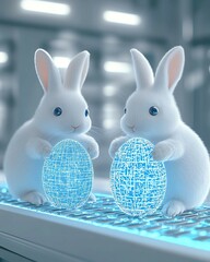 Easter Themed Various Two adorable rabbits holding glowing blue eggs in a futuristic setting.