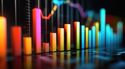 Poster - A dynamic D bar graph with colorful segments rising sharply against a dark background, symbolizing impressive business growth and financial success.